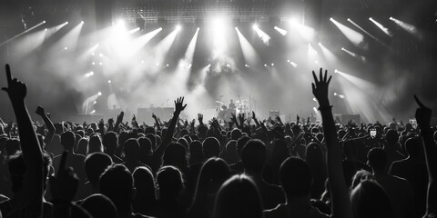 A lively crowd of people with hands raised at a concert. Perfect for event promotions