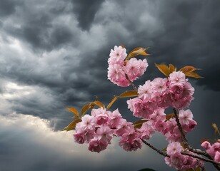 A dramatic scene featuring a robust sakura branch swaying in the wind against a backdrop of dark, stormy clouds - obrazy, fototapety, plakaty