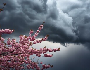 A dramatic scene featuring a robust sakura branch swaying in the wind against a backdrop of dark, stormy clouds - obrazy, fototapety, plakaty