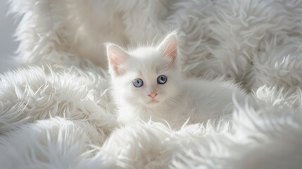 Snow-White Kitten with Blue Eyes on Fluffy Blanket.