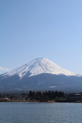 Mount Fuji with sunny blue sky and lake in Japan