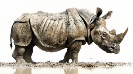 Fototapeta premium A rhino is walking through a muddy field