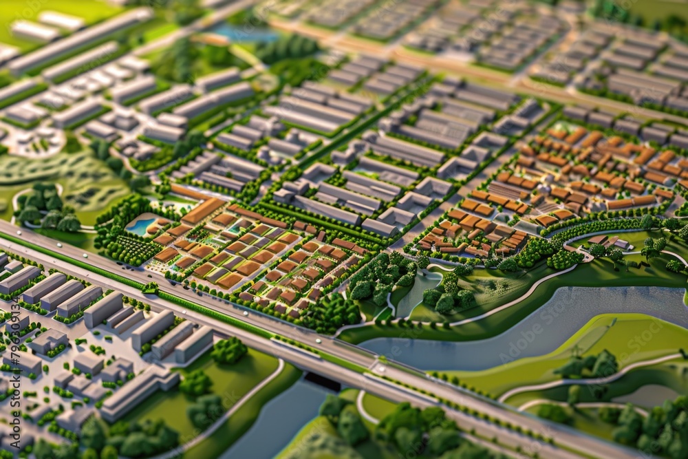 Poster A detailed model showcasing a city with a multitude of buildings. Ideal for architectural and urban design concepts