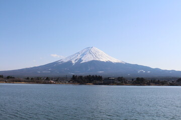 Mount Fuji with sunny blue sky and lake in Japan