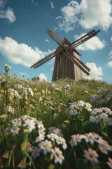 A picturesque windmill standing in a field of colorful flowers. Ideal for nature and agriculture concepts