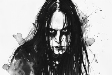 Detailed black and white drawing of a man with long hair. Suitable for artistic projects or educational materials