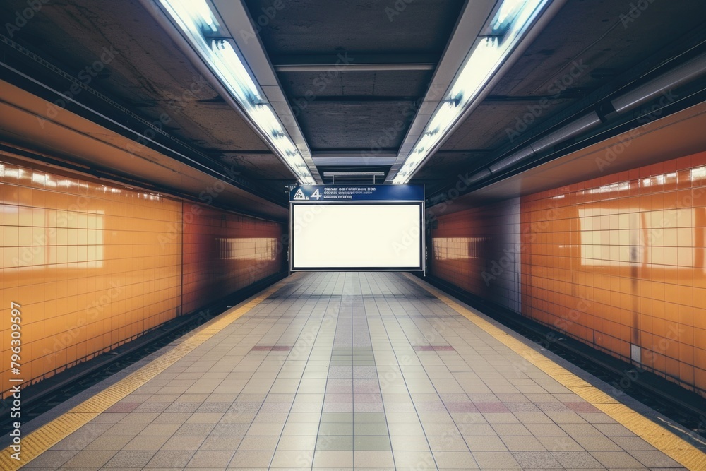 Poster busy subway station with modern large screen display. perfect for advertising or technology concepts