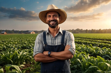 Portrait of happy man farmer in agriculture field at farm and plants background, looking at camera. Farming, happy male in agriculture, small business owner. Good harvest concept. Copy ad text space