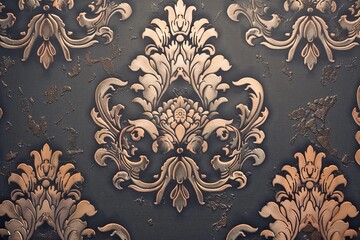 Charcoal Gray and Rose Gold Damask Wallpaper.