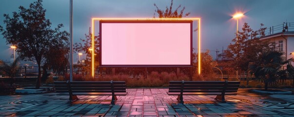 blank white screen outdoors in green grass park. outdoor cinema, big screen show. ai generated - obrazy, fototapety, plakaty