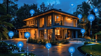 Fototapeta premium Seamless Integration of Modern Technology: Smart Home Exterior Night Scene
