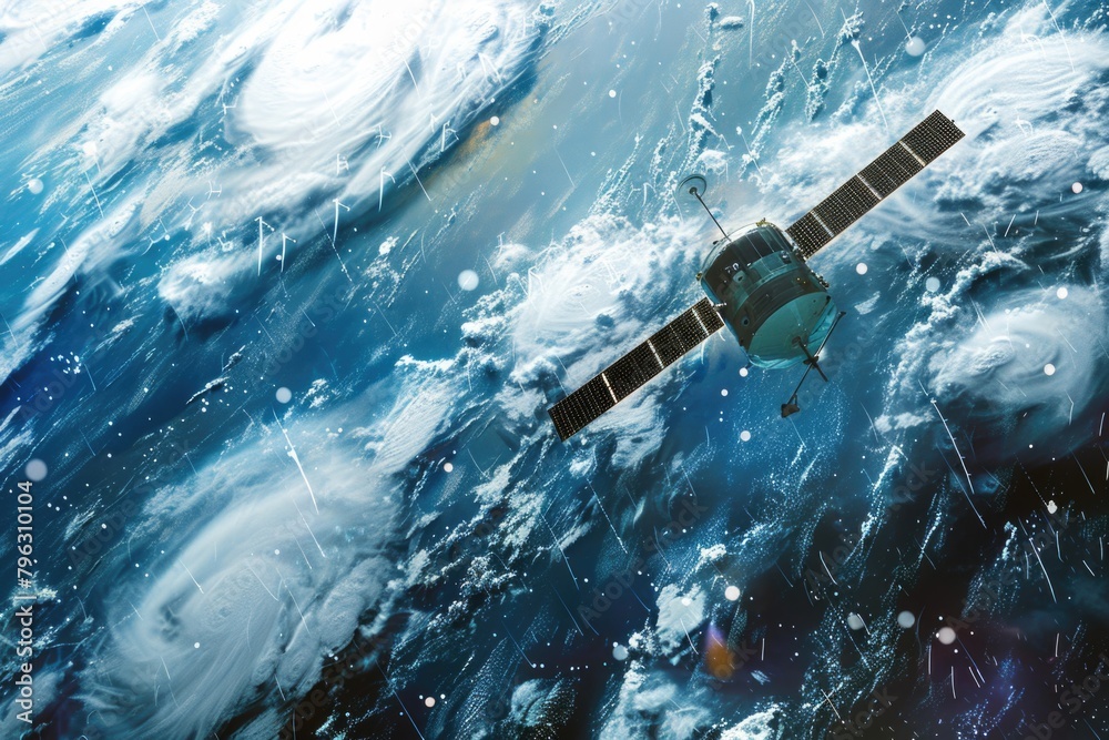 Poster A detailed artist's rendering of a satellite orbiting in space. Perfect for science and technology concepts