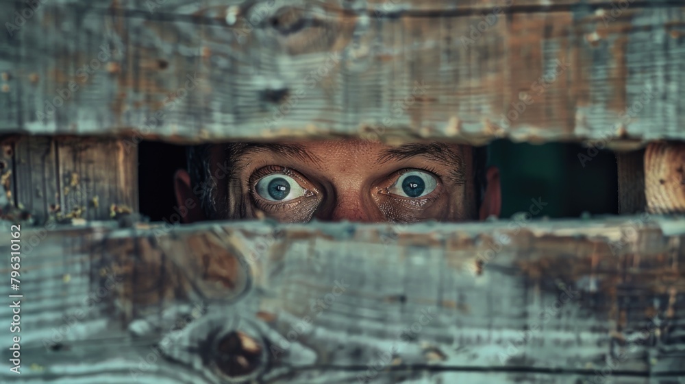 Poster a man peering through a hole in a wooden fence. suitable for concepts of curiosity and surveillance