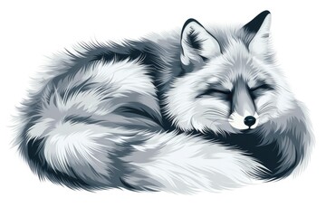 Detailed black and white illustration of a sleeping fox. Suitable for various design projects