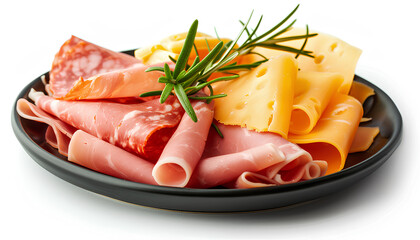 Plate with tasty slices of ham, rosemary and cheese isolated on white background - obrazy, fototapety, plakaty