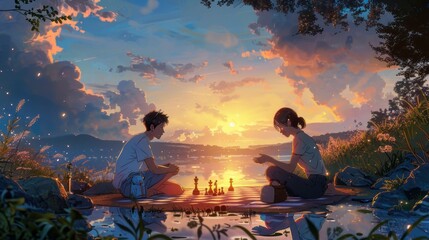 Obraz premium Groovy Cartoon Style of a Man and Woman Having a Heartfelt Conversation at Sunset in a Garden by a Stream.