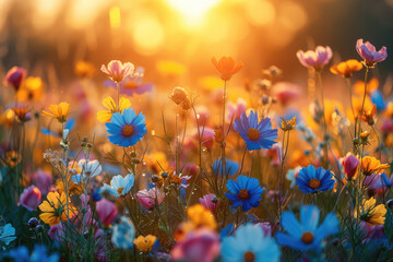 Beautiful spring flowers blooming in the sun, colorful and vibrant with pink purple and orange cosmos flowers on a field background. Created with Ai