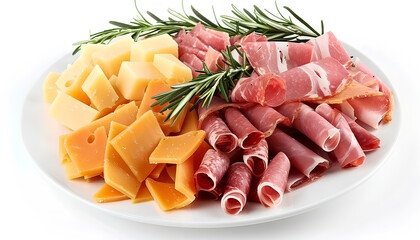 Plate with tasty slices of ham, rosemary and cheese isolated on white background - obrazy, fototapety, plakaty