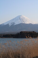 Mount Fuji with sunny blue sky and lake in Japan