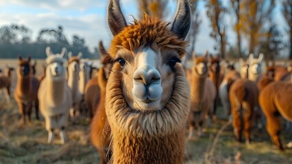 Naklejka premium Close-up of a Group of Llamas or Alpacas. Concept Animal Photography, Wildlife Portraits, Llama Portraits, Alpaca Photography, Group Shot