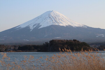 Mount Fuji with sunny blue sky and lake in Japan