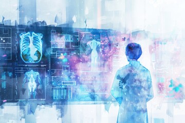 A person in a lab coat examining data on a computer screen. Ideal for science and technology concepts