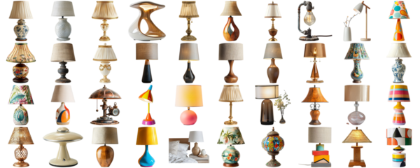 Big collection set of lamp in various styles retro vantage and modern bedside nightstand lighting different table lamp for interior decoration furniture element, isolated on transparent background