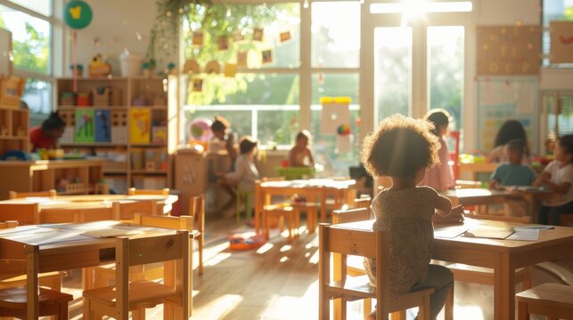 a photo of a multiracial Montessori classroom, depicting a realistic representation of children engaged in various educational activities within the inclusive and diverse learning environment.