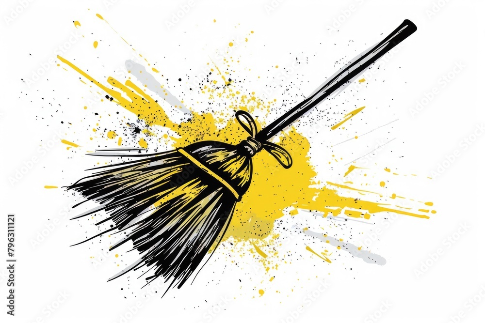 Poster A black broom with yellow paint splatters, ideal for DIY projects and home improvement