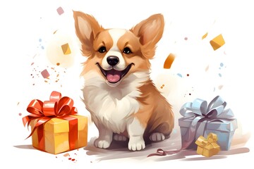 Cheerful cute corgi with gifts in flat style. Birthday greeting card with a pet