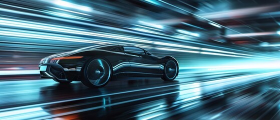 Futuristic Car Speeding with Neon Light Streaks, Aerodynamic Luxury Design in Motion