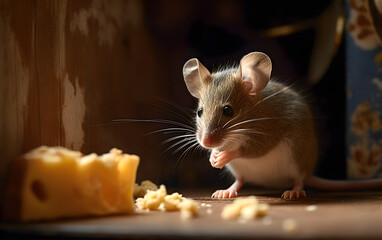 Sweet mouse eats cheese in a pantry. Illustration with sweet rodent. 