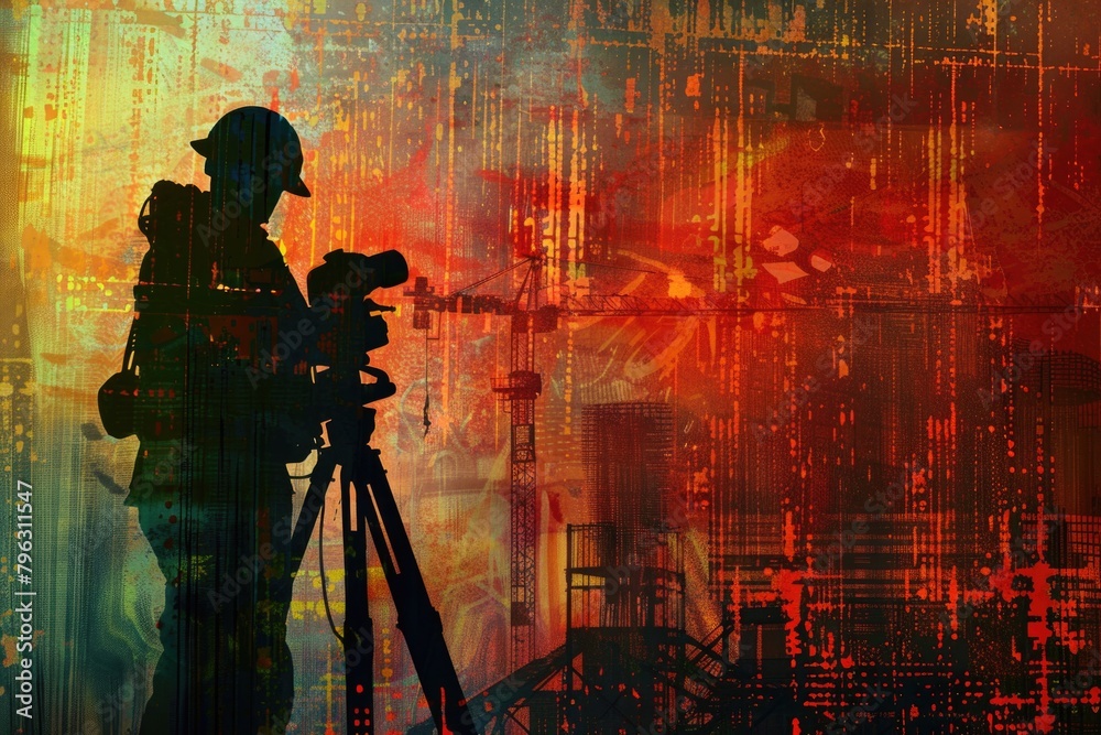 Poster a man standing next to a camera on a tripod. suitable for photography and videography projects