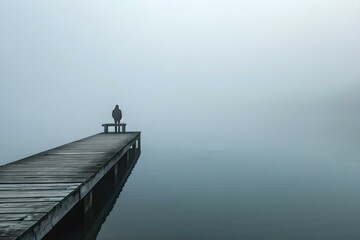 Man on pier by foggy water under overcast sky in serene scene. Concept Pier Photography, Foggy Water, Overcast Sky, Serene Scene, Man Kneeling