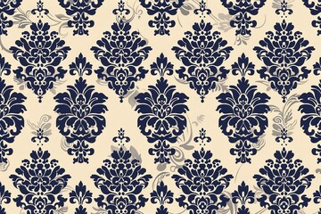Timeless Navy Blue and Ivory Damask Wallpaper.