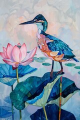 an artwork in the style of Constructivism poster, with an ethereal quality, featuring dreamlike elements such as lotus flowers, green leaves, and a bird light pink and dark azure colors.