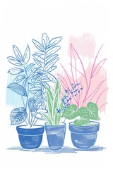  vertical illustration of  simple drawing of plants in pots on a white background, with blue line work, woodcut prints of plants growing together 