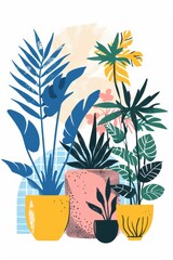  vertical illustration of  simple drawing of plants in pots on a white background, with blue line work, woodcut prints of plants growing together  - obrazy, fototapety, plakaty