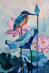 an artwork in the style of Constructivism poster, with an ethereal quality, featuring dreamlike elements such as lotus flowers, green leaves, and a bird light pink and dark azure colors. - obrazy, fototapety, plakaty