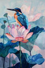an artwork in the style of Constructivism poster, with an ethereal quality, featuring dreamlike elements such as lotus flowers, green leaves, and a bird light pink and dark azure colors.