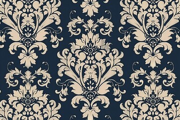 Timeless Navy Blue and Ivory Damask Wallpaper.