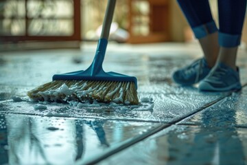 A person using a broom to clean the floor, suitable for cleaning service advertisements - obrazy, fototapety, plakaty
