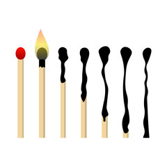 Burning match animation set. A whole wooden match with a sulfur head that burns in stages from ignition to extinction. The sequence of stages of combustion. Vector illustration