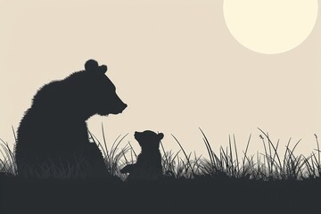 Monochrome image of a bear with its cub, suitable for various nature themes