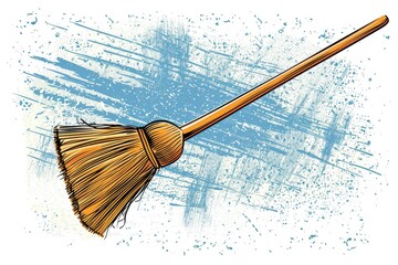 Simple broom with wooden handle on white background. Useful for household and cleaning concepts - obrazy, fototapety, plakaty
