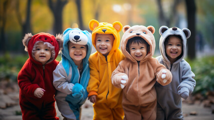 Group of joyful kids toddlers dressed in adorable animal costumes enjoying their walk, laughing, and having fun. Celebrating a kids' festive event, costumed party, playing games, the Halloween spirit