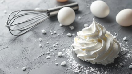 Fototapeta na wymiar Whipped cream and eggs with a whisk, ideal for cooking and baking concepts