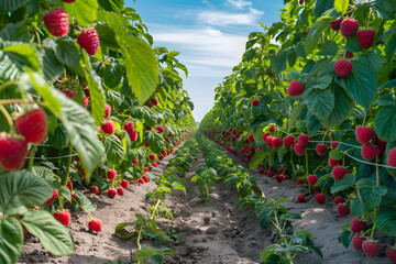 Fototapeta na wymiar Vibrant and Bountiful: A Journey Through The Raspberry Cultivation Fields