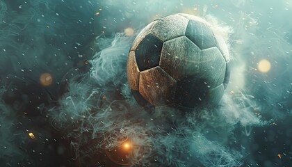 Floating soccer ball at the football stadium with smoke and bokeh abstract background.
