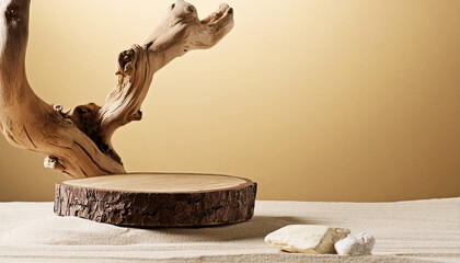 Decoration Wooden podium with sand, stones and tree branch on beige background